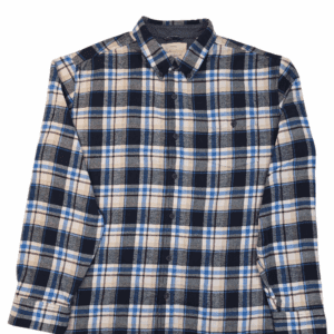 Blue and white plaid long-sleeve shirt.