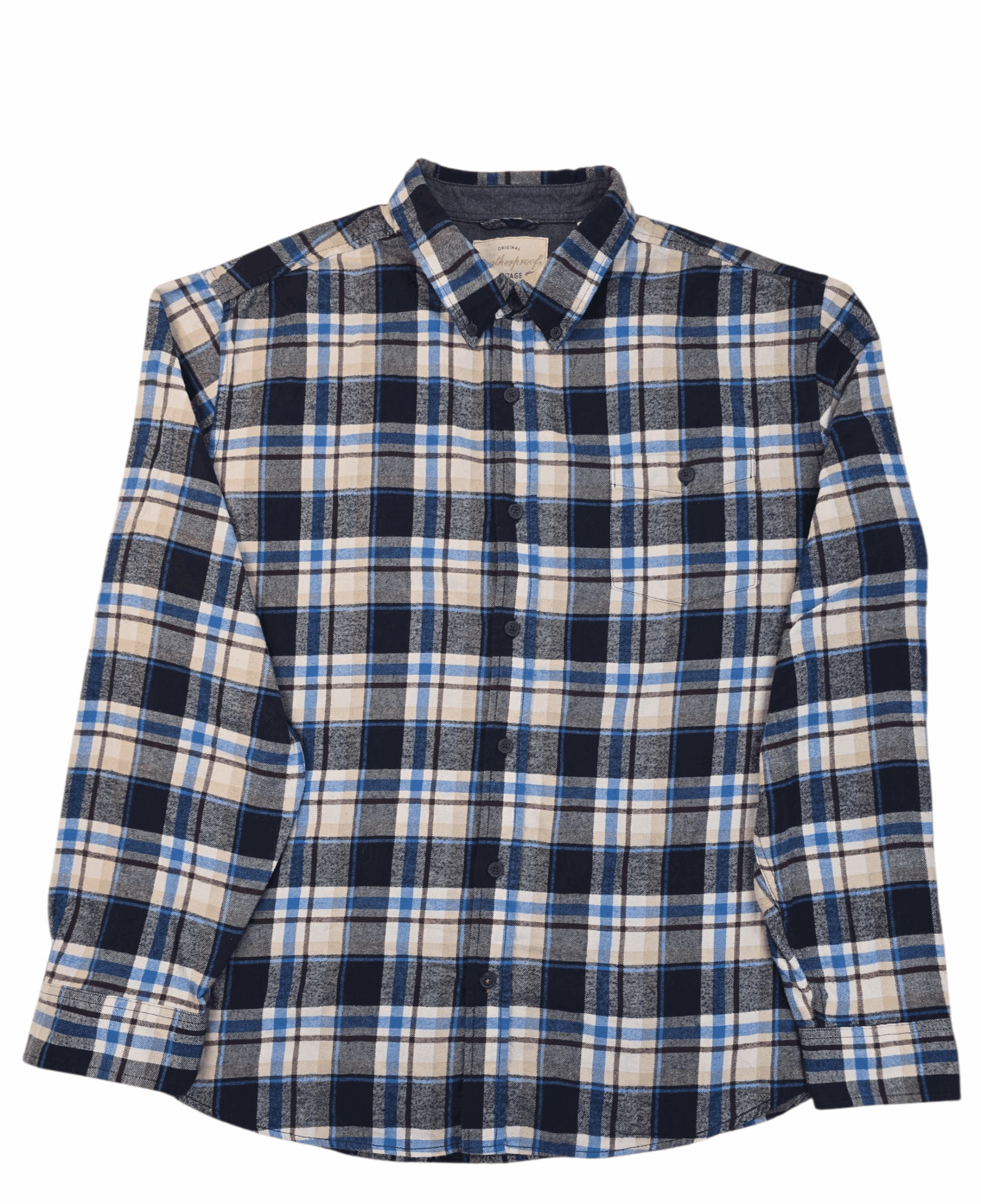 Blue and white plaid long-sleeve shirt.