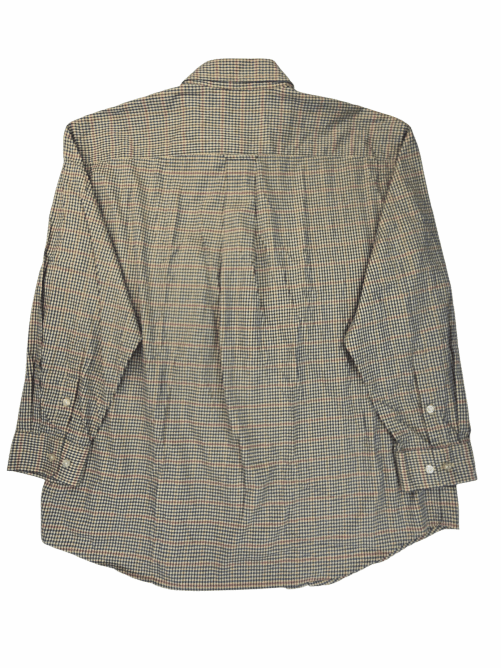 Back view of Orvis red and blue check long sleeve button-up shirt showing check pattern and yoke seam.