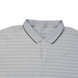 Close-up of collar, buttons, and striped pattern on Nike Dri-FIT light gray and white polo shirt men’s size XL
