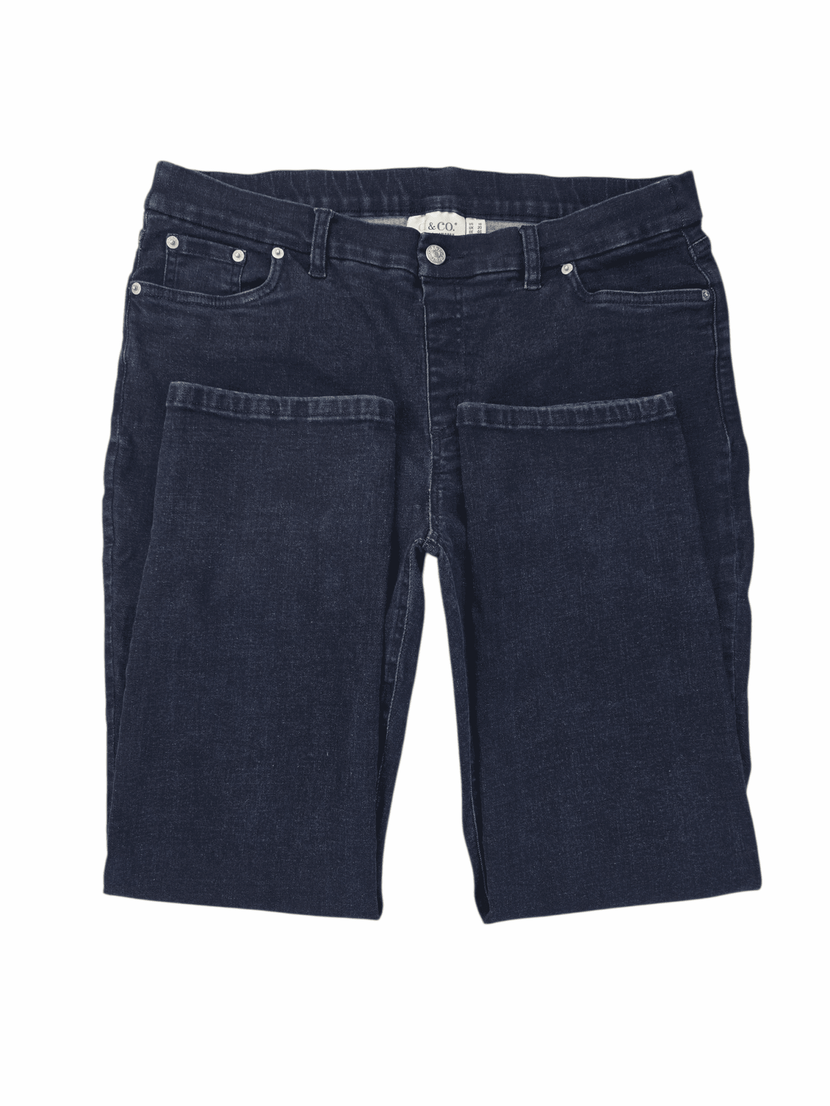 Close-up of D&Co pull-on blue jeans showing waistband, faux fly stitching, and denim texture.