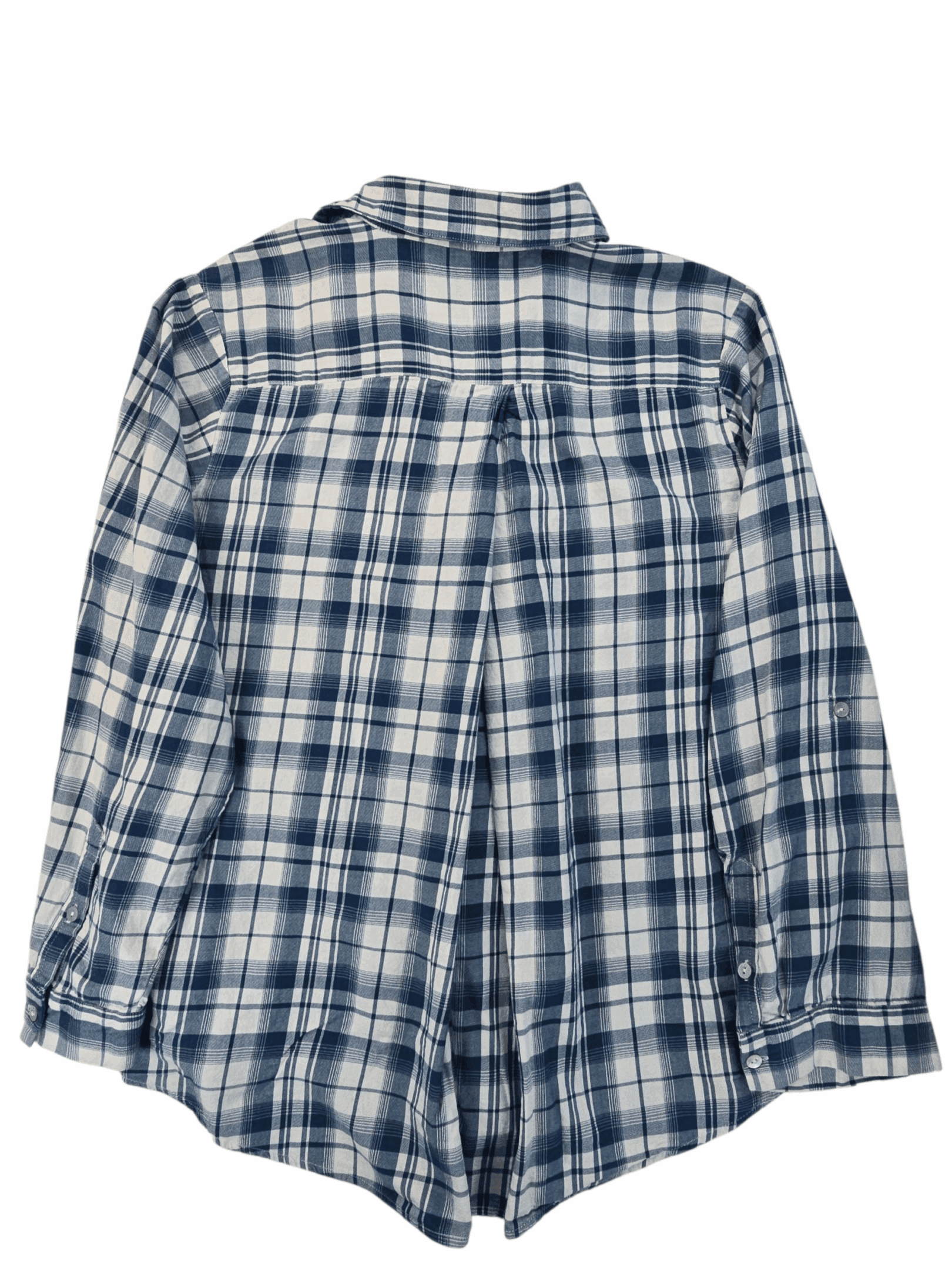 Blue and white plaid long-sleeve shirt laid flat.