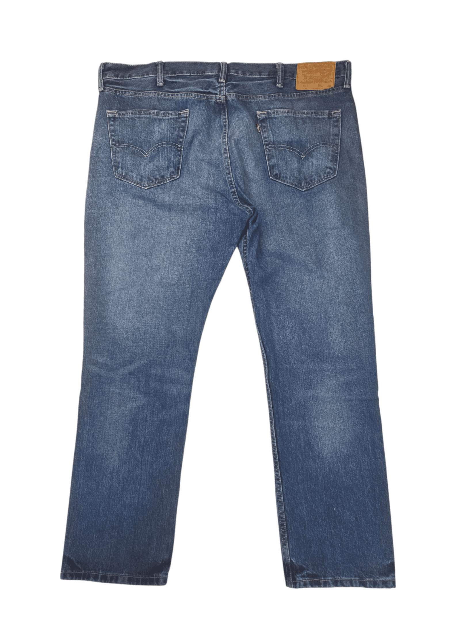 Back view of Levi’s 511 men’s blue straight leg jeans showing signature stitched back pockets and Levi’s logo patch.