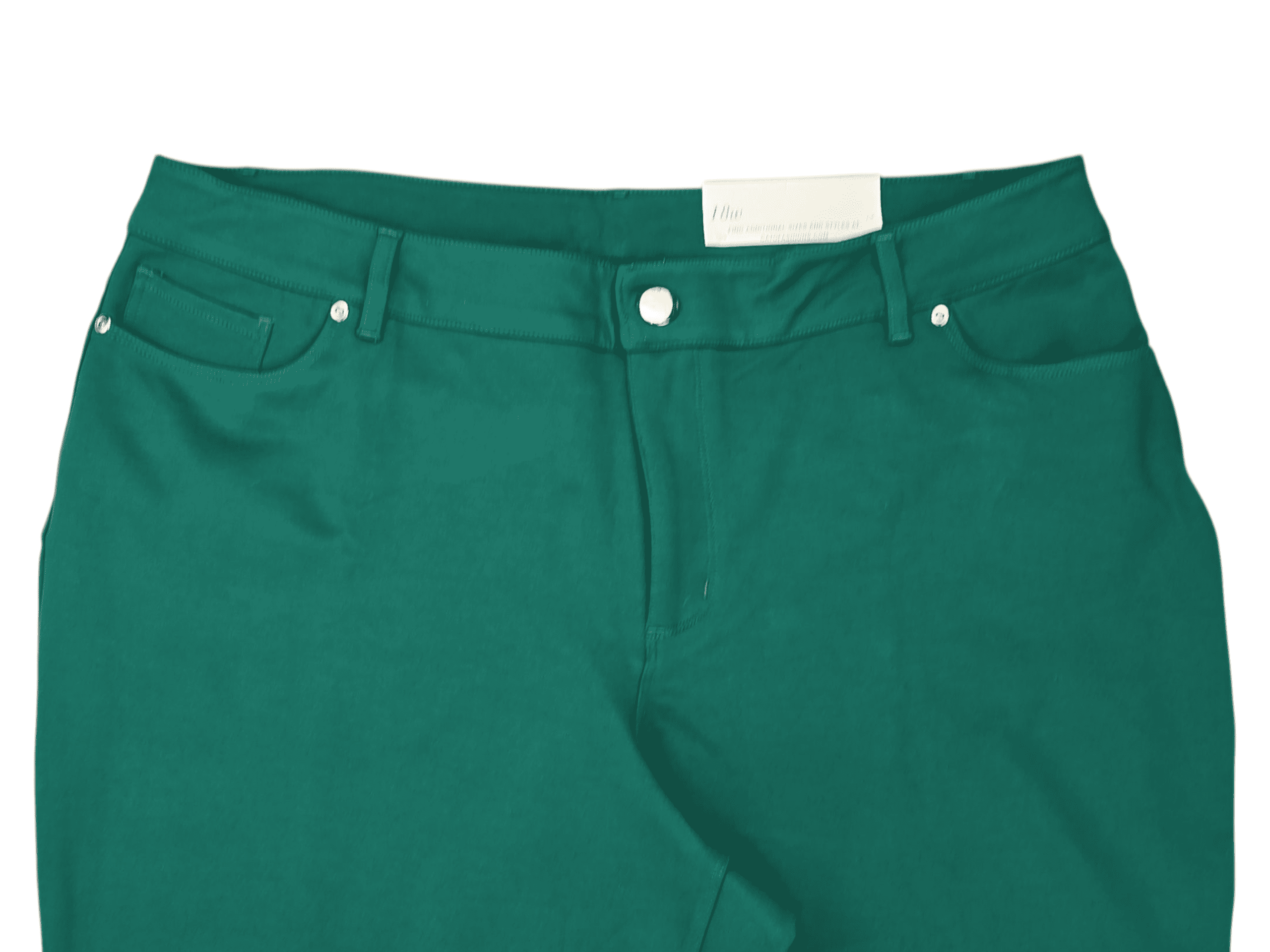Close-up of waistband, button, and stitching on Cato deep green mid-rise skinny pants women’s size 18W
