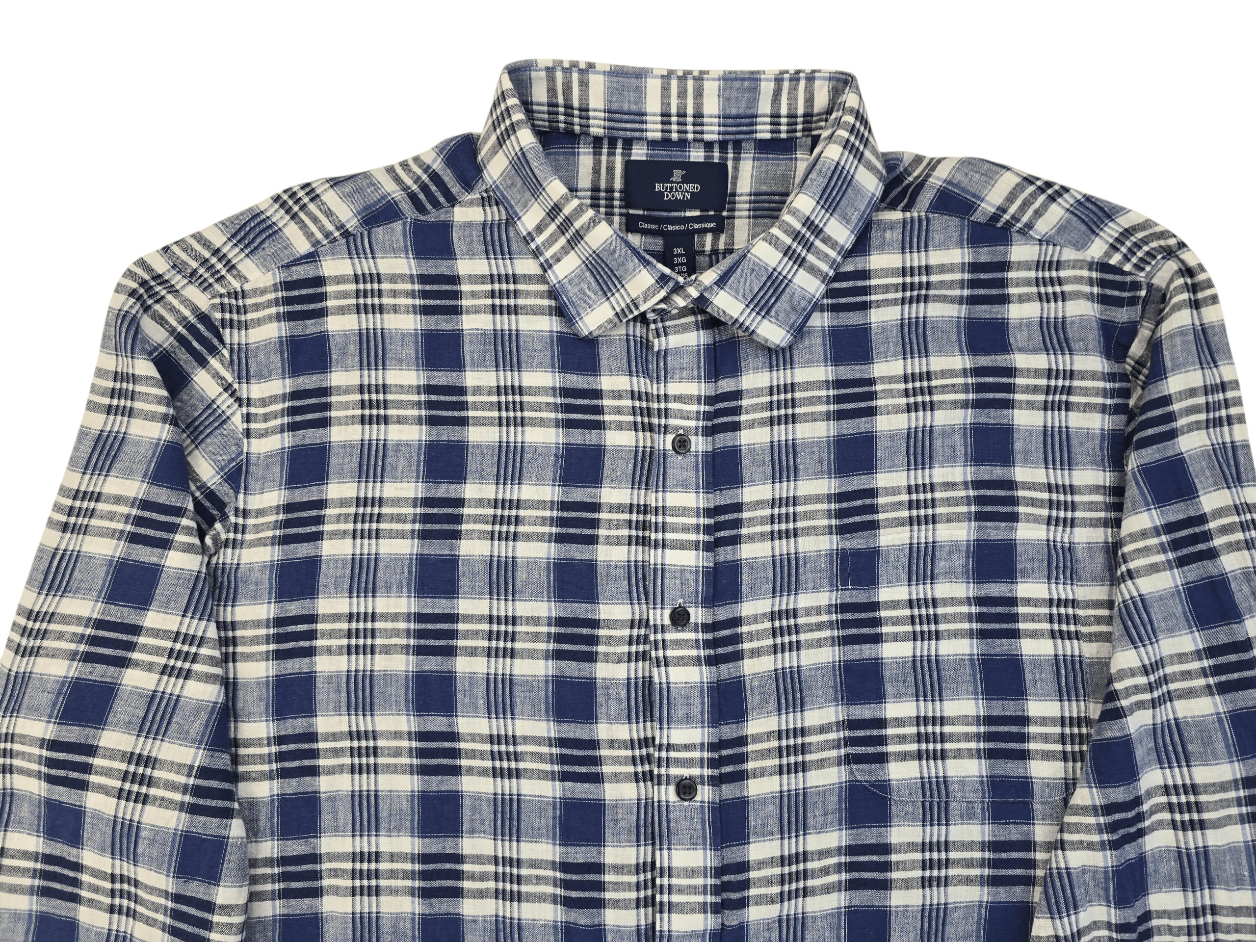 Blue and white checkered flannel shirt with buttons.