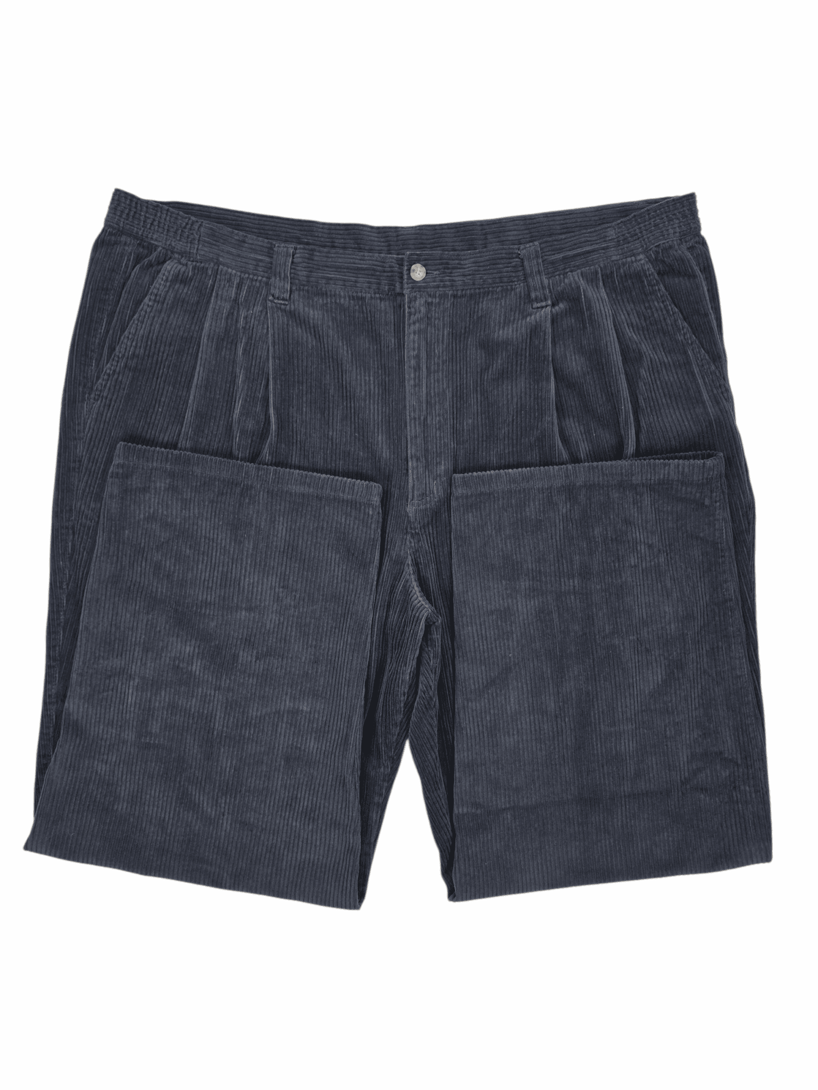 Close-up of waistband, button, and corduroy texture on King Size navy blue 100% cotton corduroy pants men’s Big & Tall waist 47