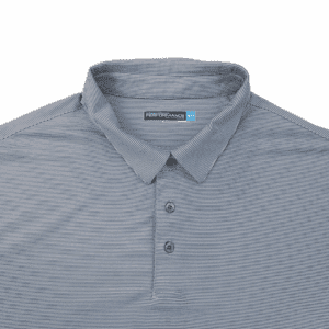 Light gray polo shirt with a subtle striped pattern and buttoned collar.
