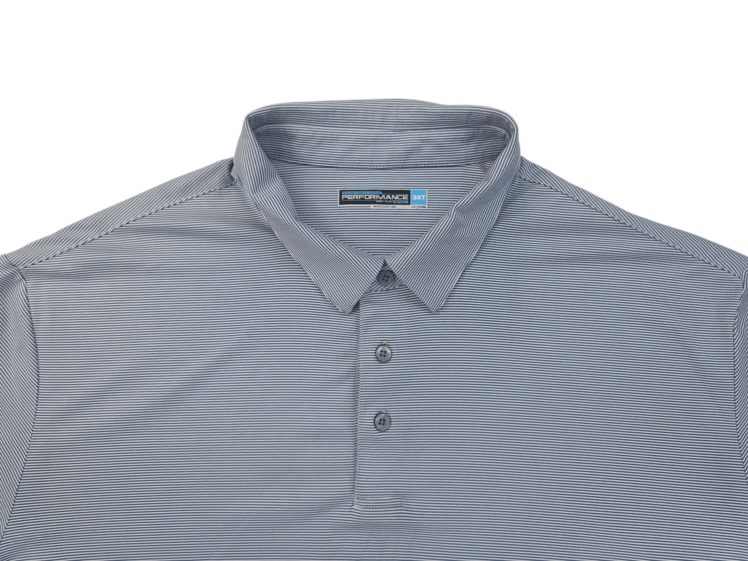 Light gray polo shirt with a subtle striped pattern and buttoned collar.