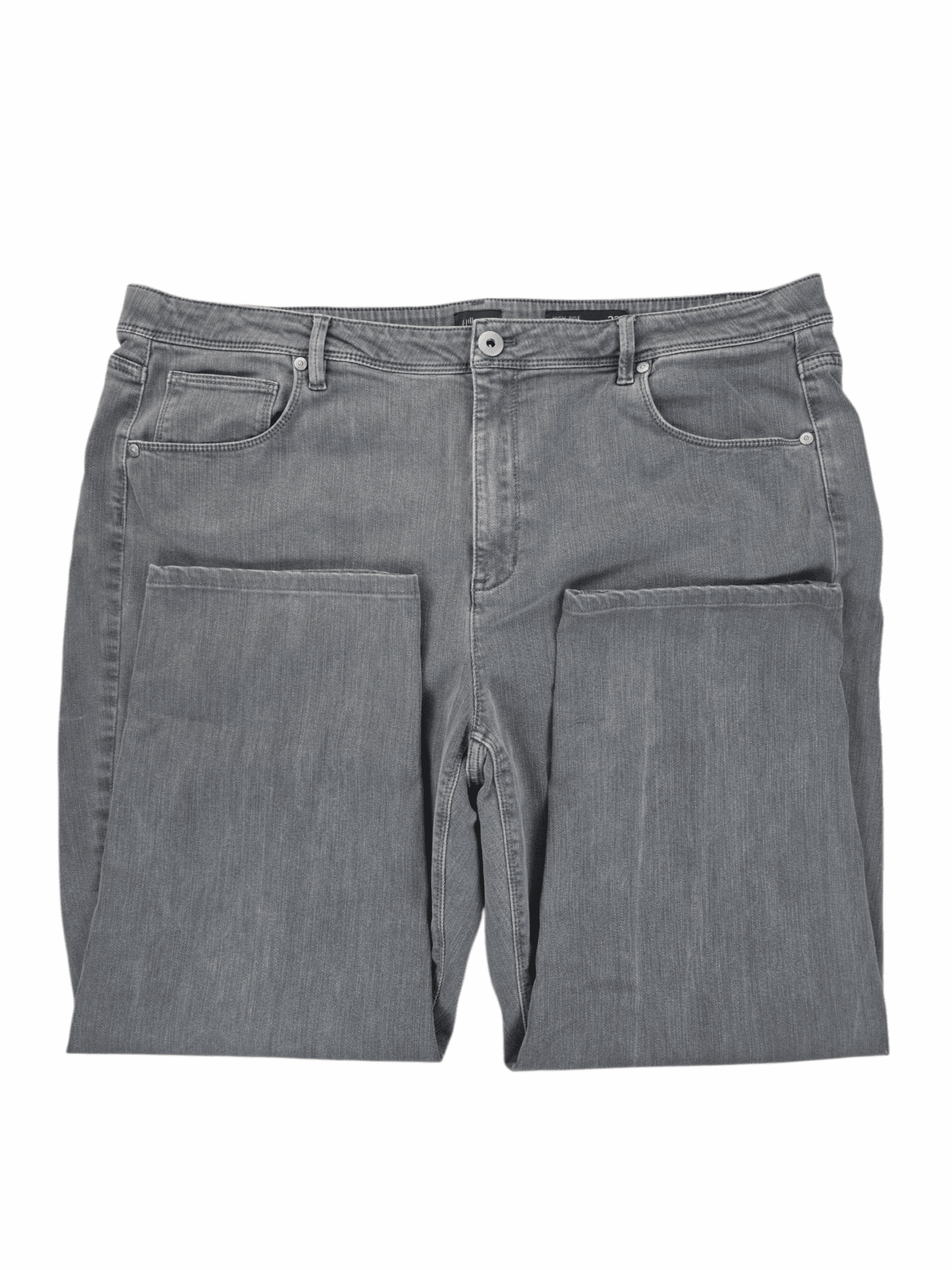 Close-up of waistband, button, and stitching on J. Jill gray high-rise straight-leg jeans women’s size 22W