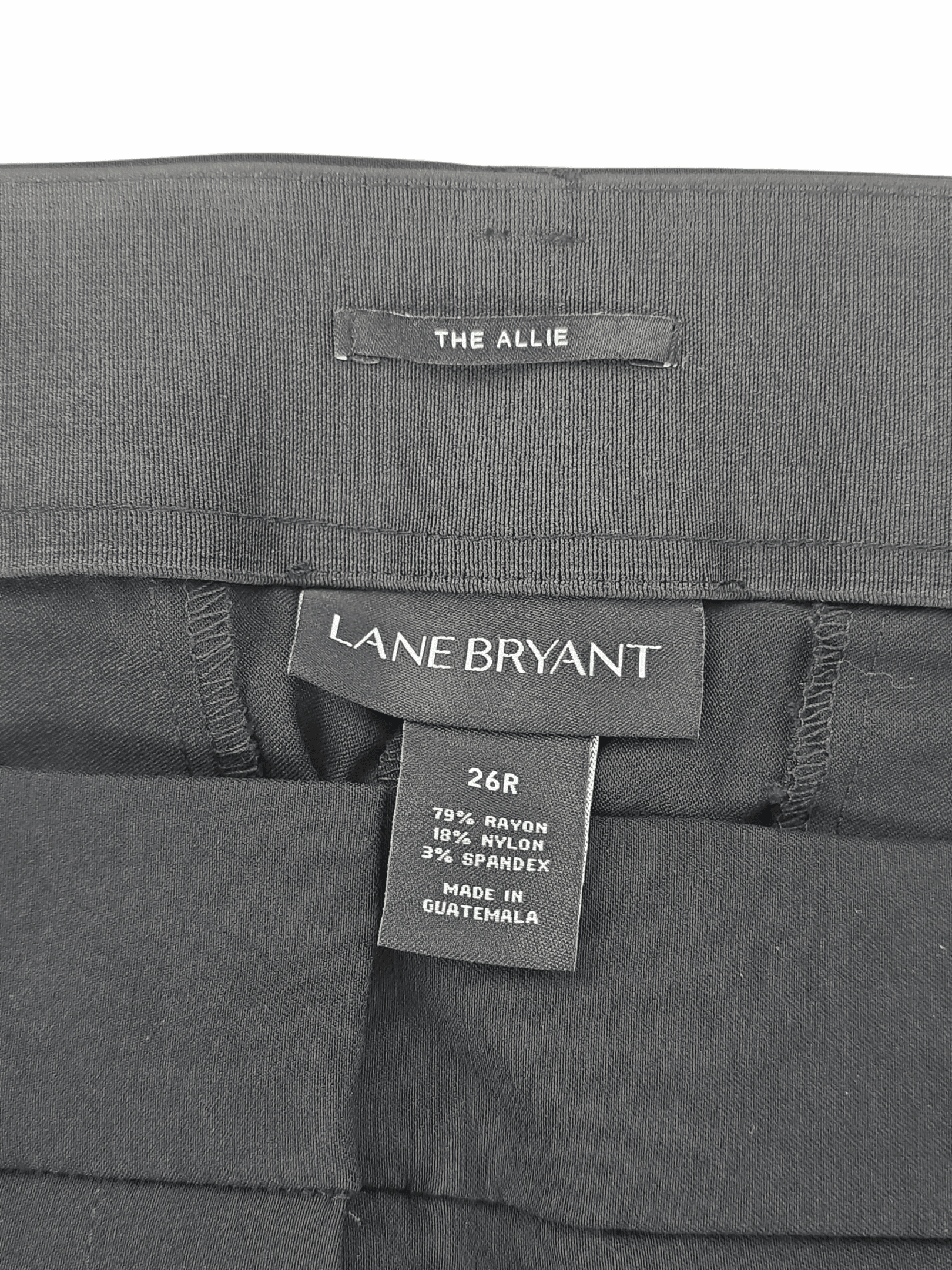 Close-up of Lane Bryant clothing label and size tag on dark fabric.