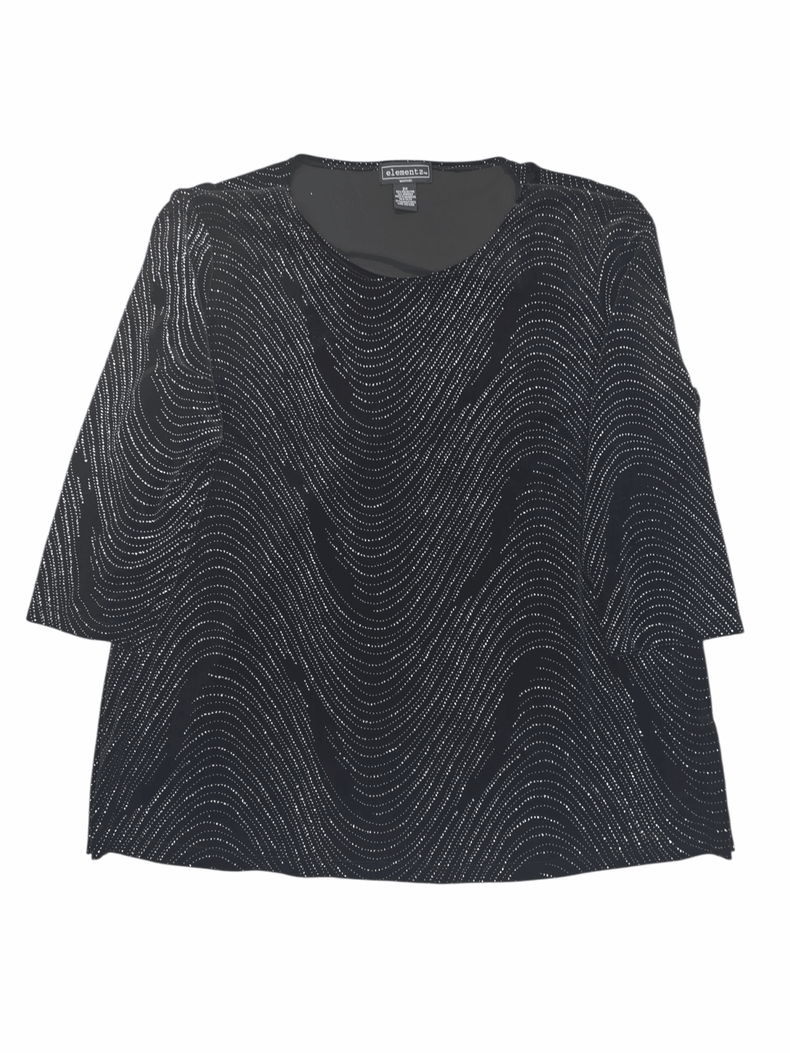 Front view of Elementz black crushed velvet rhinestone pullover top in women’s size 2X showing shimmer velvet fabric and rhinestone neckline.