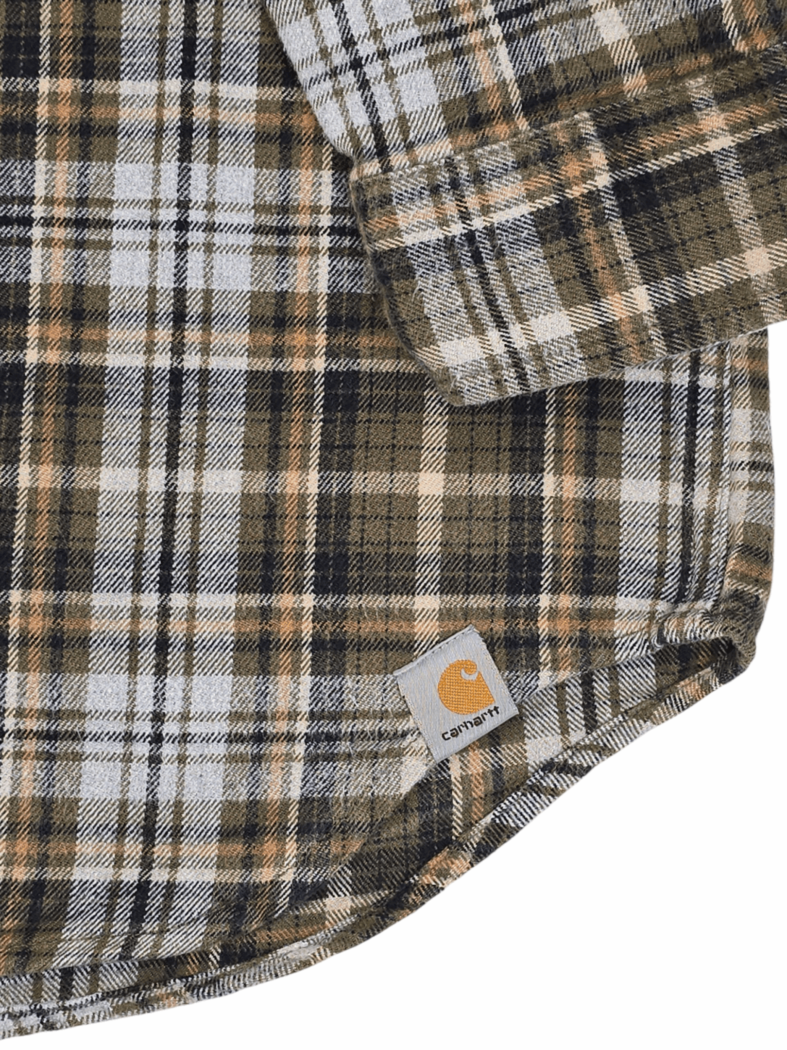 Close-up of a plaid flannel shirt with a Carhartt logo tag.