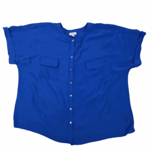 Blue button-up blouse with short sleeves and two front pockets.
