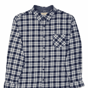 Blue and white plaid flannel shirt with a front pocket.