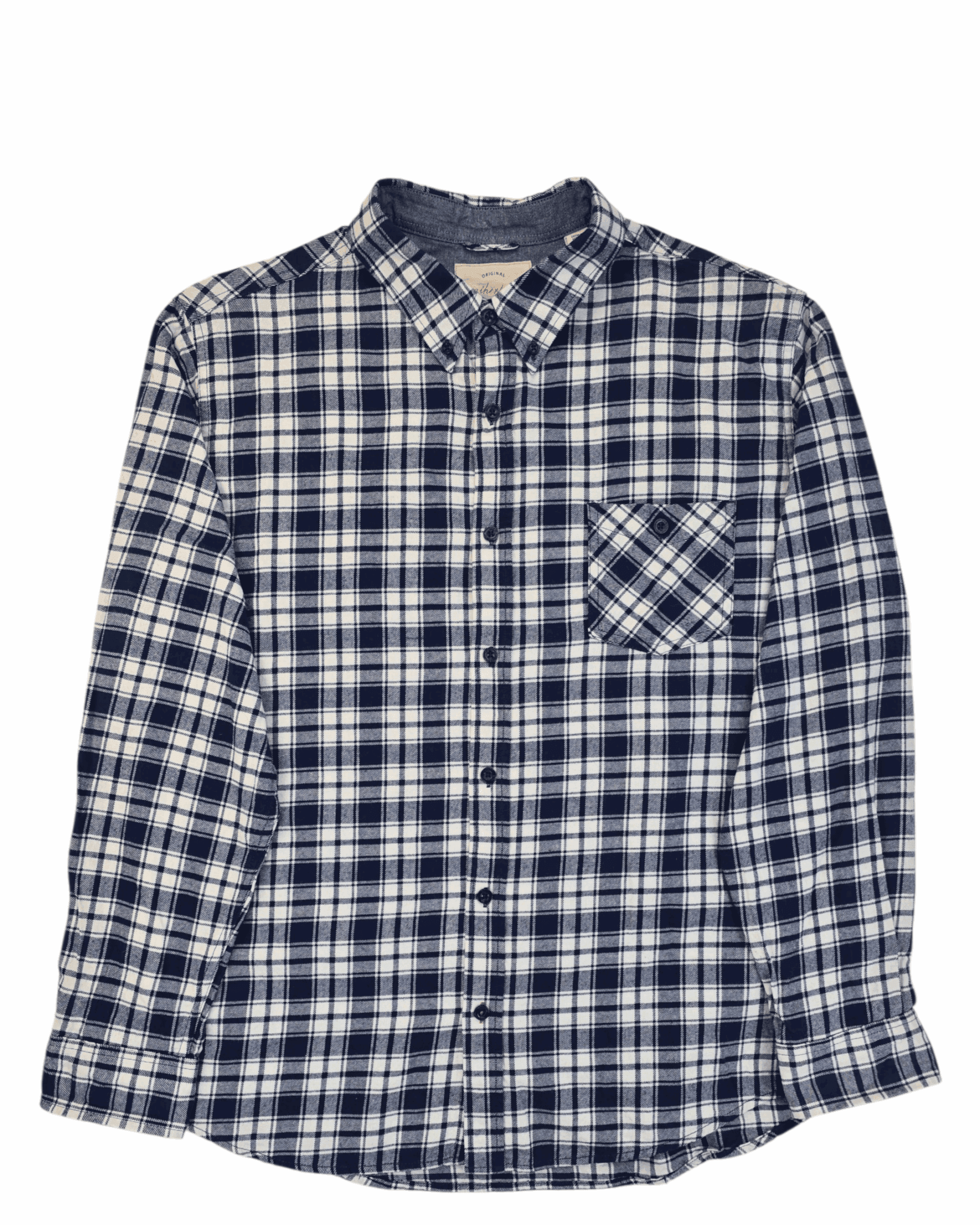 Blue and white plaid flannel shirt with a front pocket.