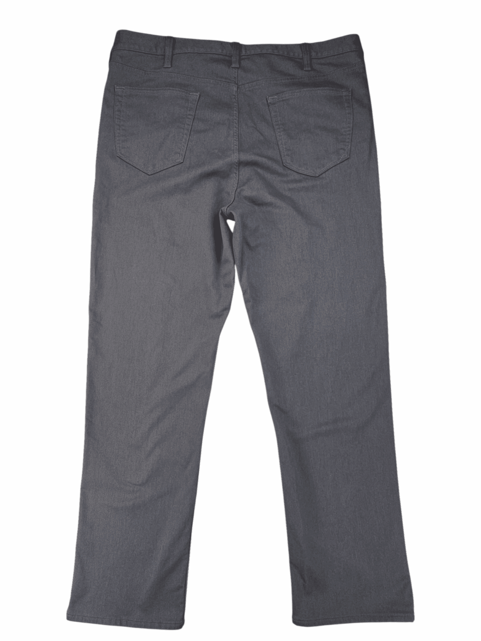 A pair of dark gray pants laid flat on a white background.