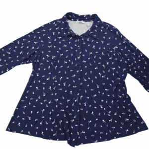 Navy blue blouse with white floral print and three-quarter sleeves.