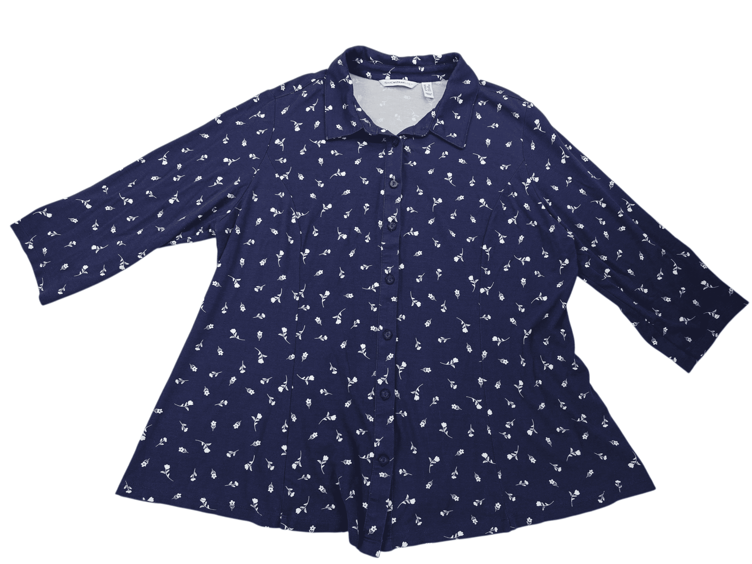 Navy blue blouse with white floral print and three-quarter sleeves.