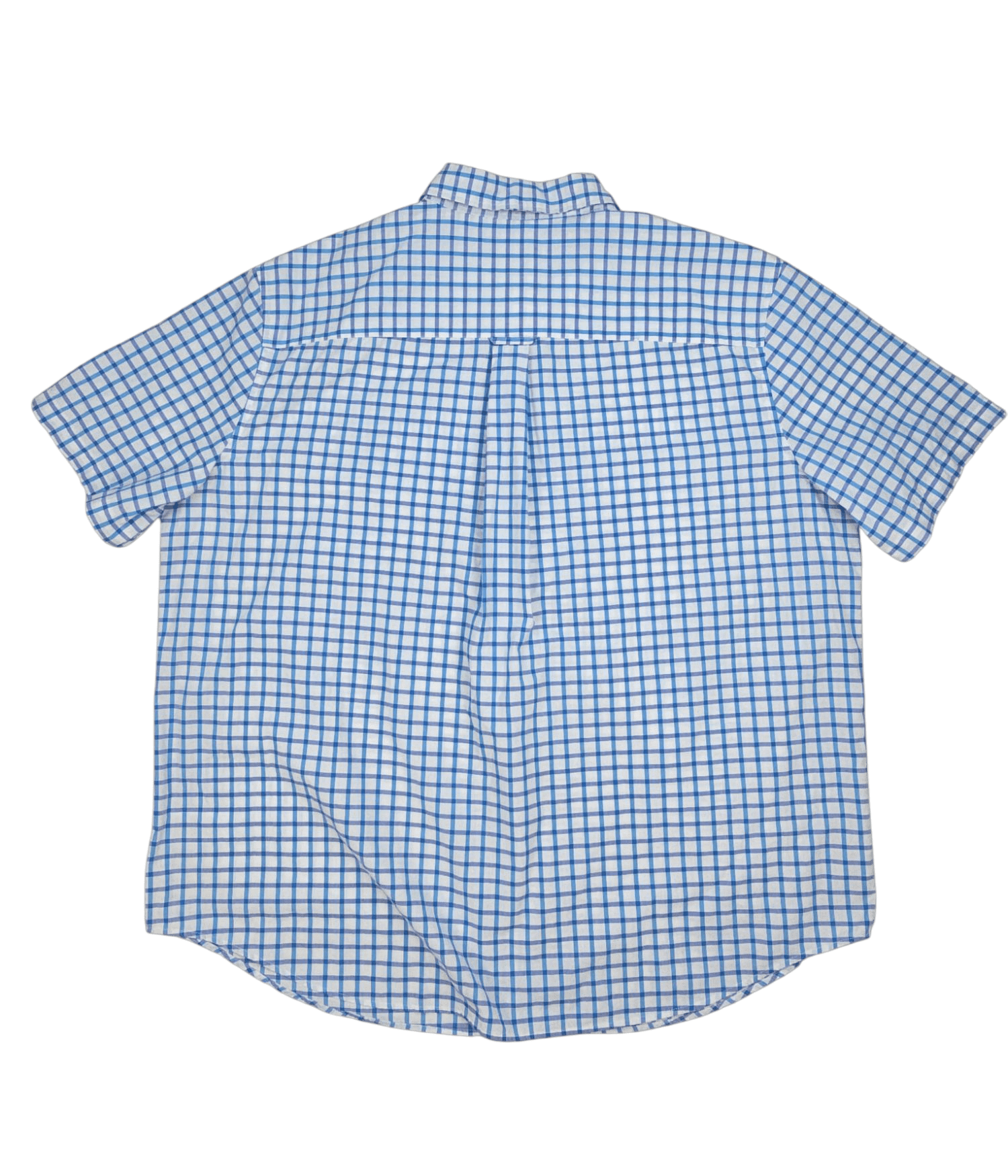 Back view of Chaps Easy Care blue checked short sleeve shirt showing yoke seam and check pattern alignment.