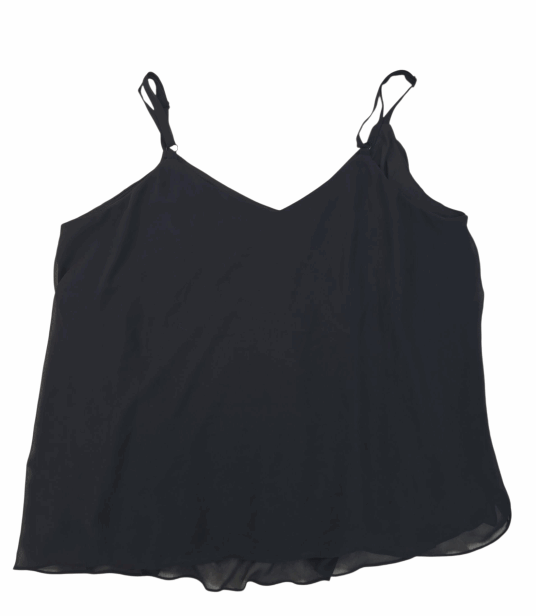 Black spaghetti strap tank top on a white background.