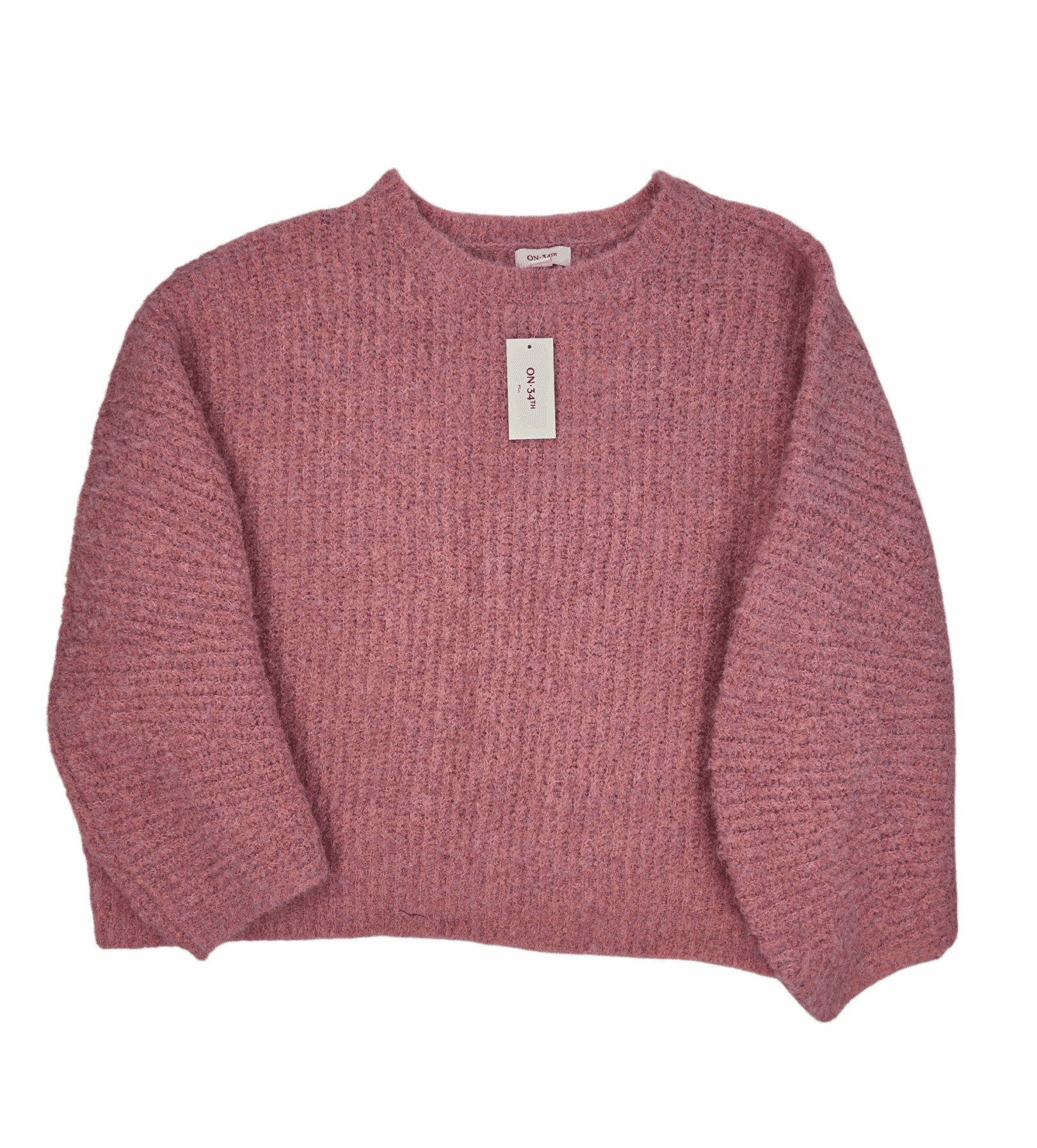 Front view of On 34th pink and purple fuzzy knit pullover sweater in women’s size 4X.
