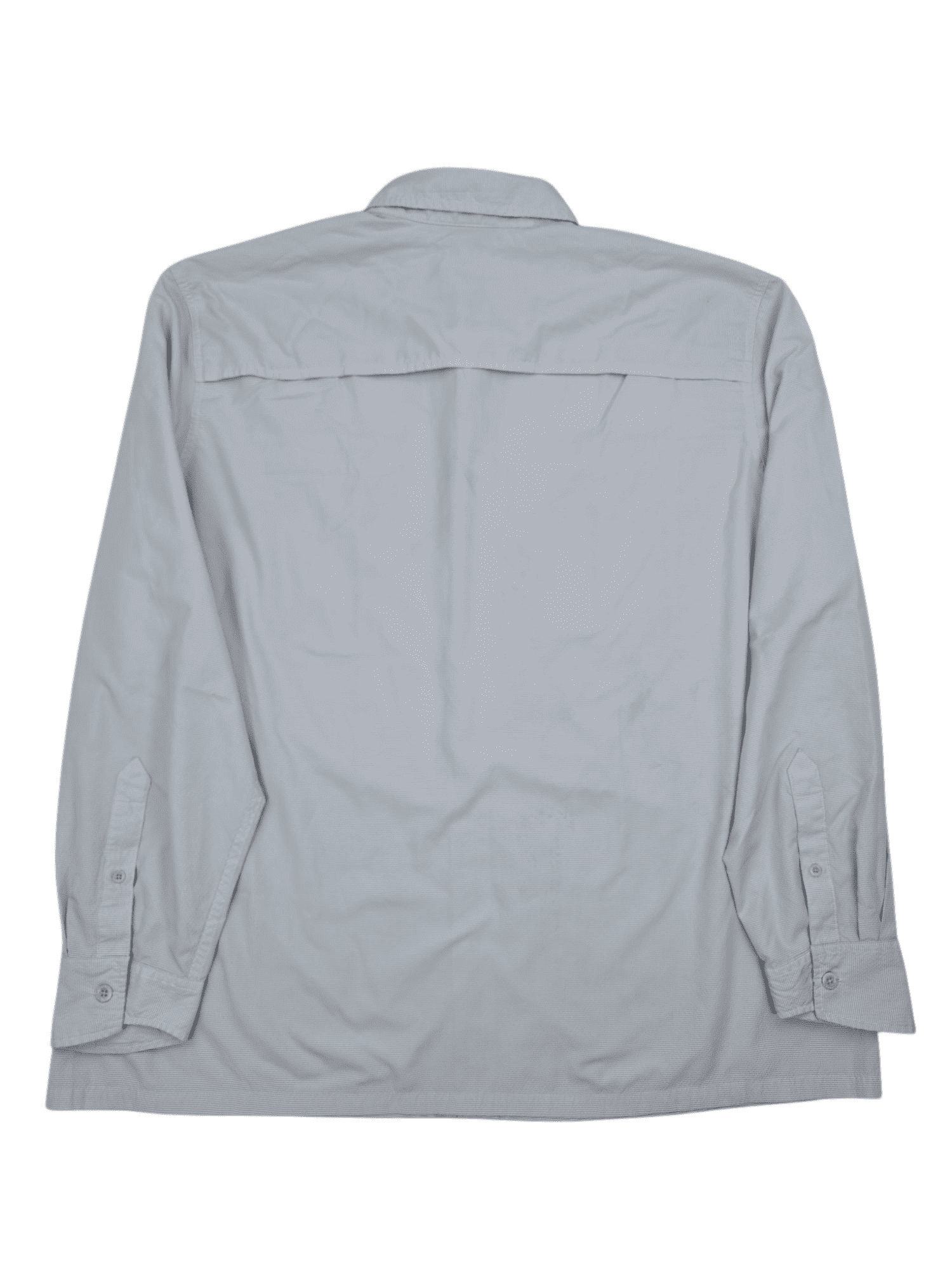 Back view of Eddie Bauer light blue checked performance shirt showing yoke seam and full check pattern.