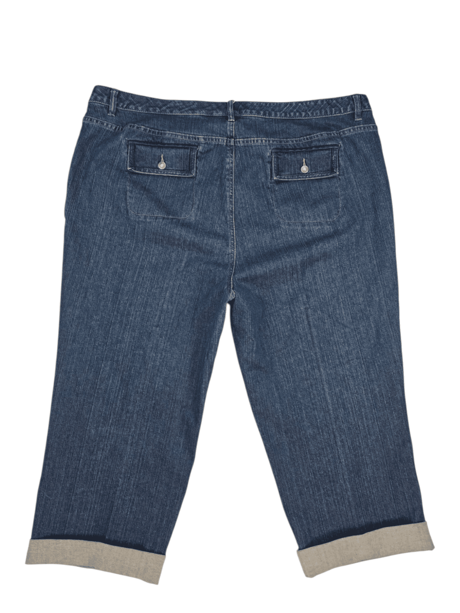 Back view of Liz Claiborne cropped denim pants showing back pockets and cropped hem.