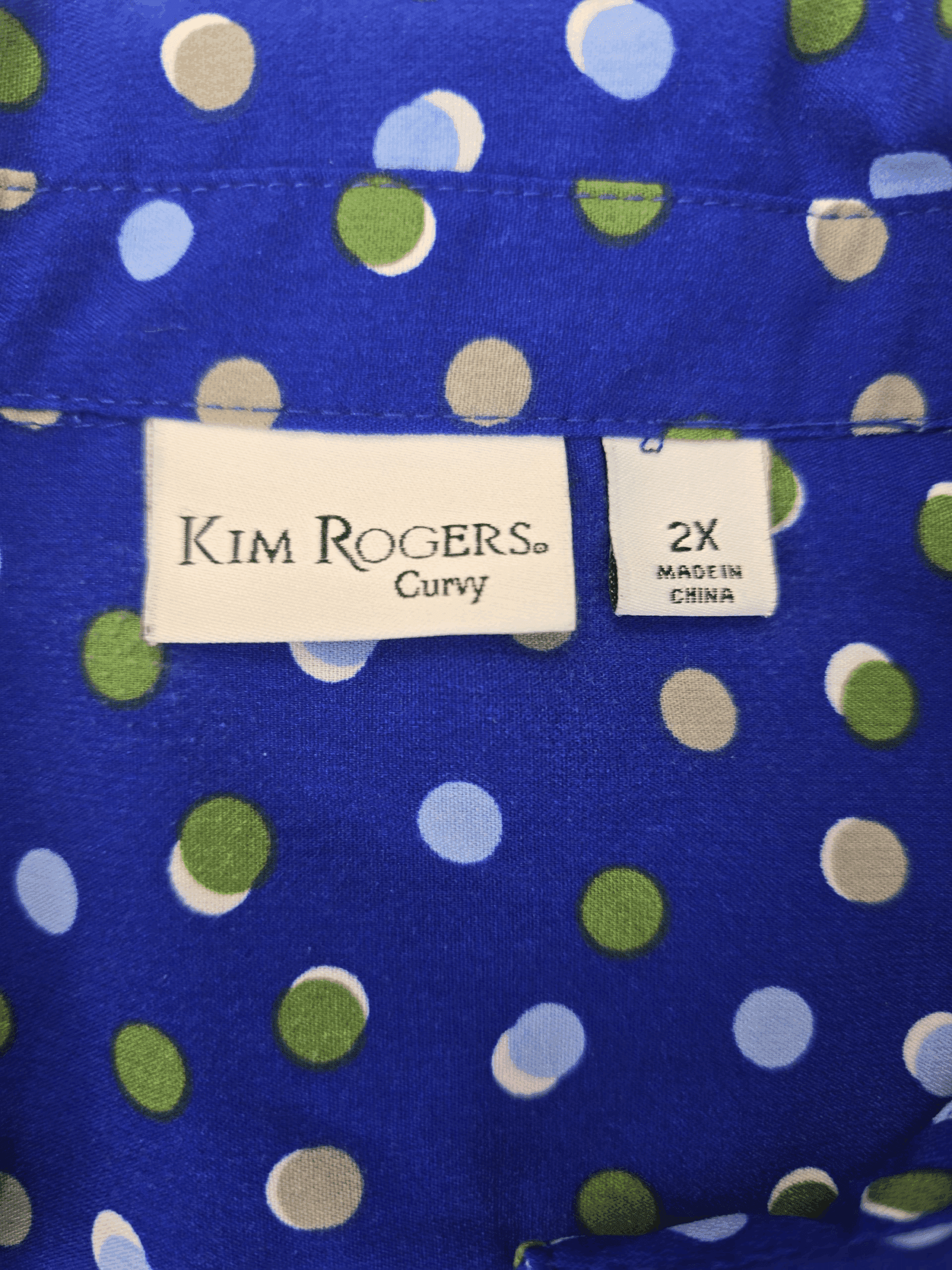 Kim Rogers brand and size tag on blue polka dot V-neck long sleeve top in women’s size 2X.