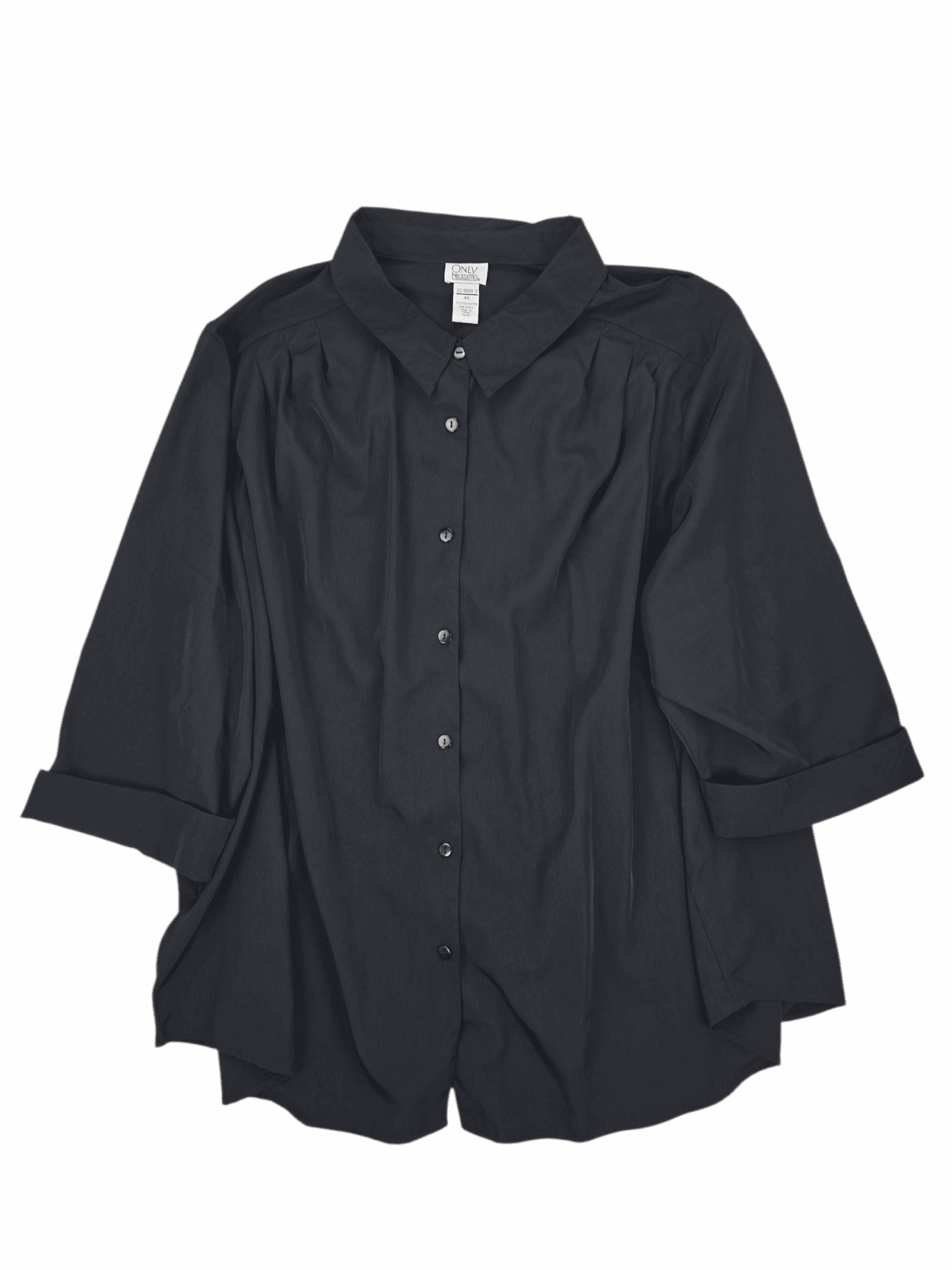 Front view of Only Necessities black button-up shirt in women’s plus size 4X showing collar, button placket, and relaxed fit.