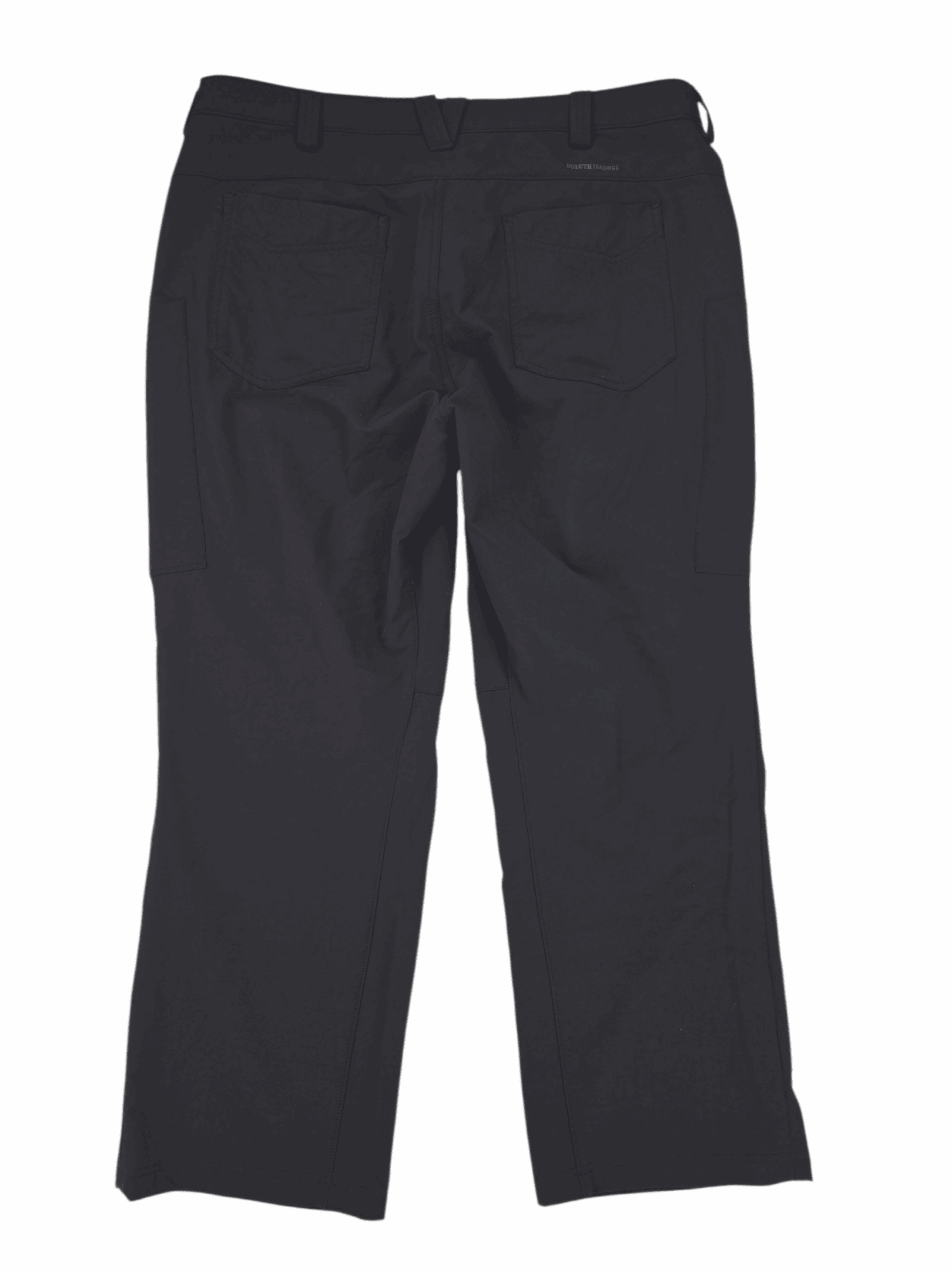 A pair of black casual pants with a button and zipper.
