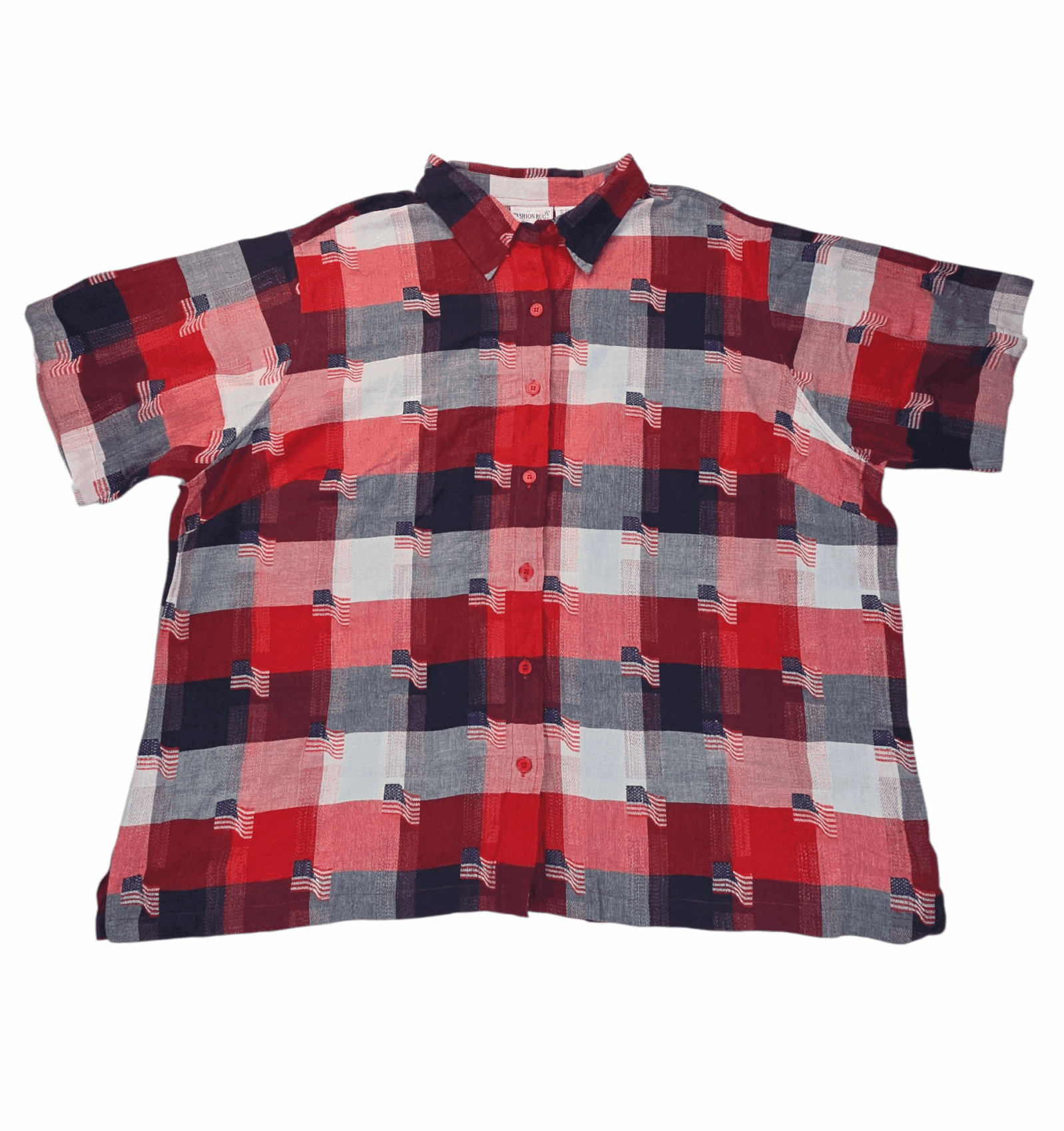 Front view of Fashion Bug red, white, and blue American flag plaid button-up shirt in women’s plus size 30/32 showing collar, button placket, and patriotic plaid pattern.