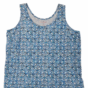 Blue floral sleeveless tank top with round neckline.
