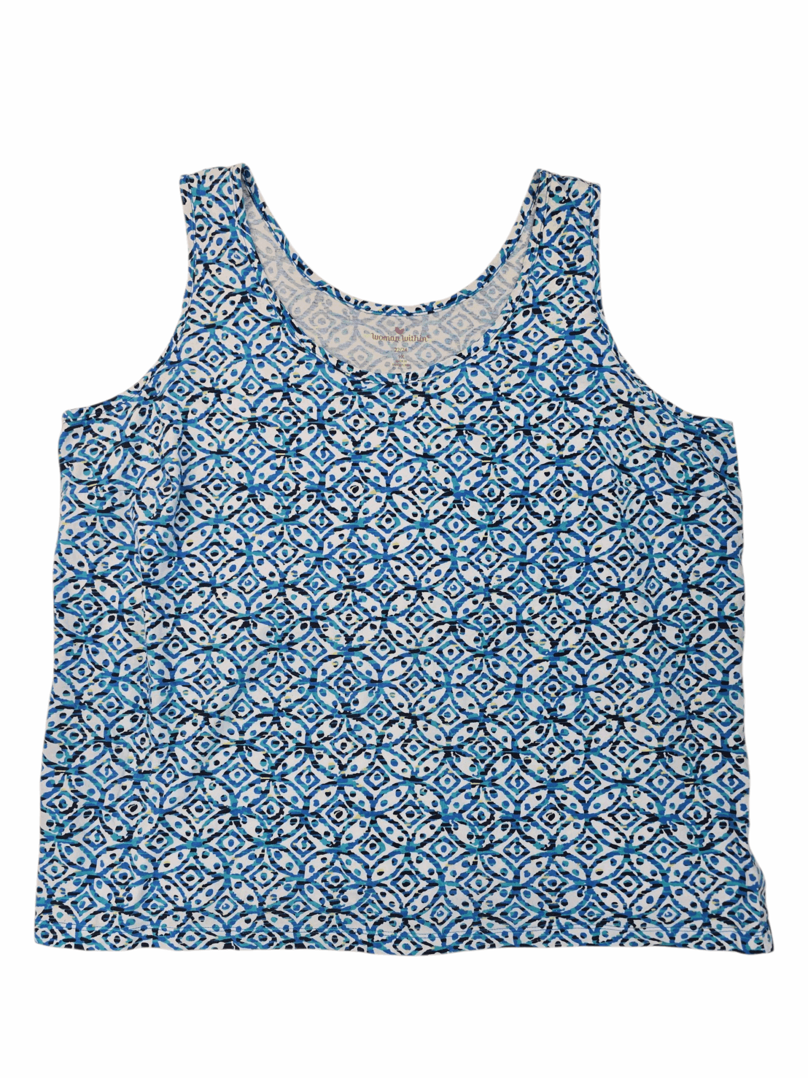 Blue floral sleeveless tank top with round neckline.