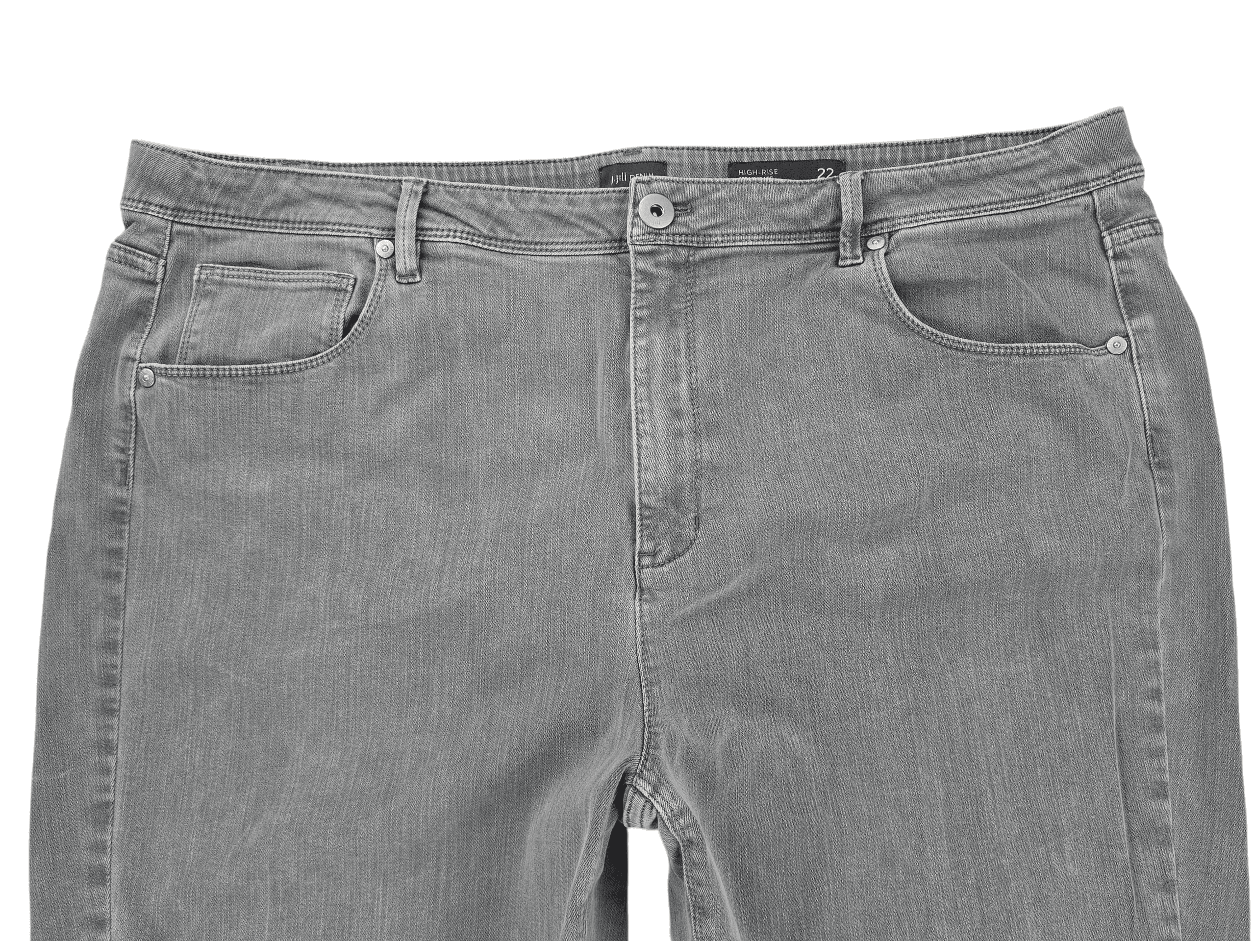 Close-up of waistband, button, and stitching on J. Jill gray high-rise straight-leg jeans women’s size 22W