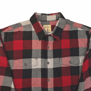 Close-up of Red Head red, black, and gray plaid flannel button-up shirt showing button placket and brushed flannel texture.