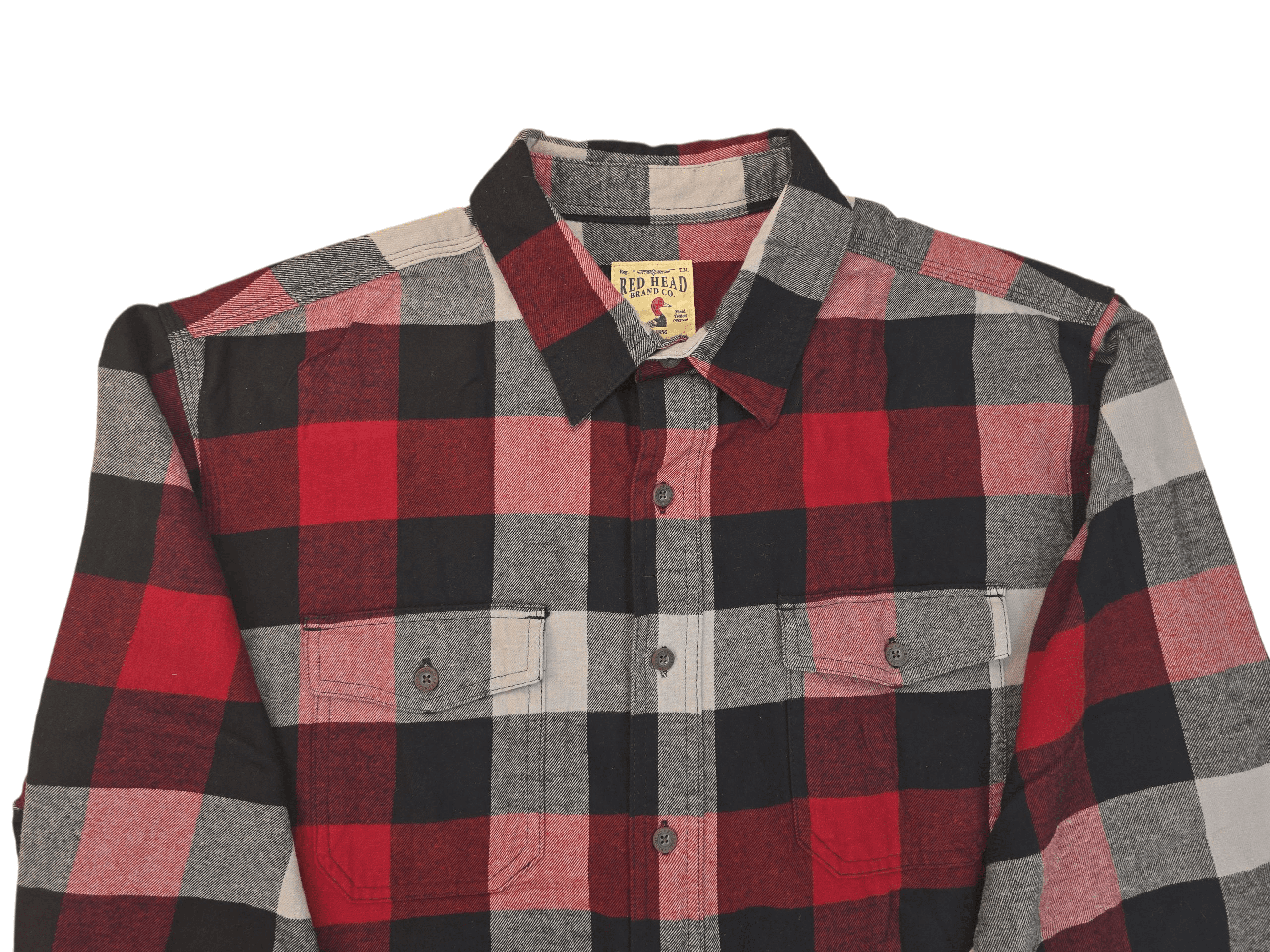 Close-up of Red Head red, black, and gray plaid flannel button-up shirt showing button placket and brushed flannel texture.