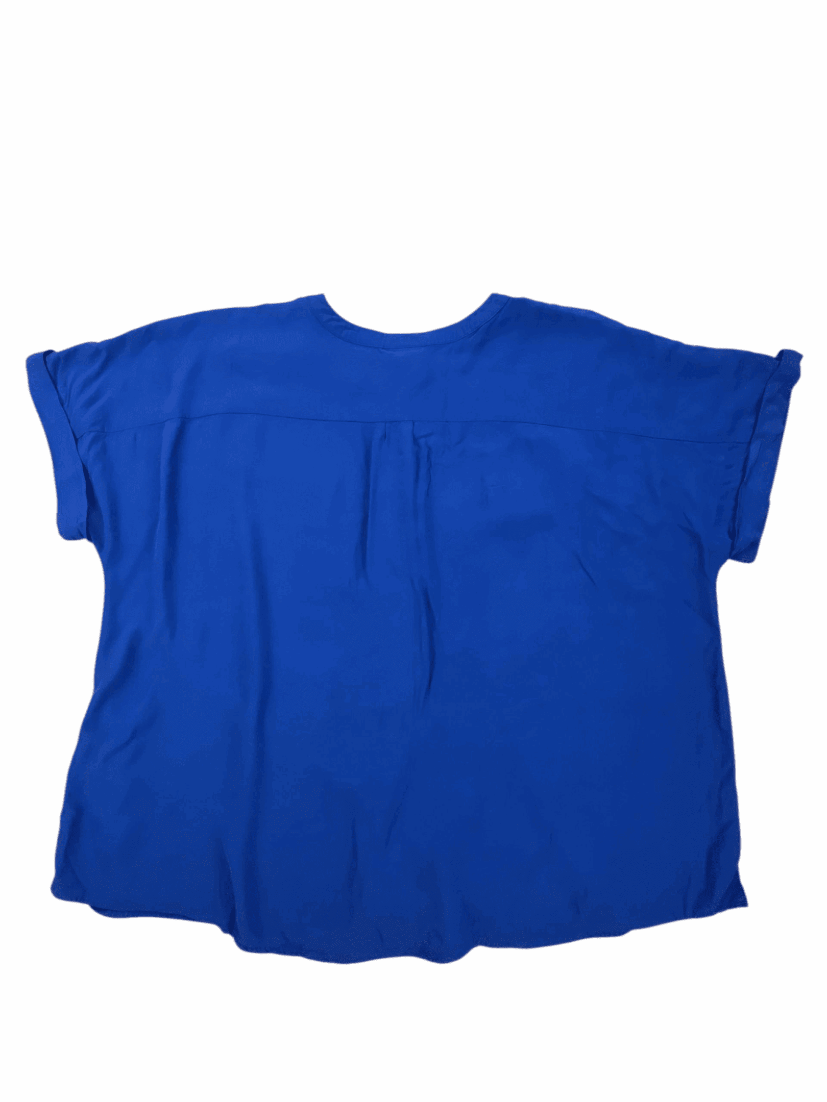 A plain blue short-sleeve shirt laid flat.