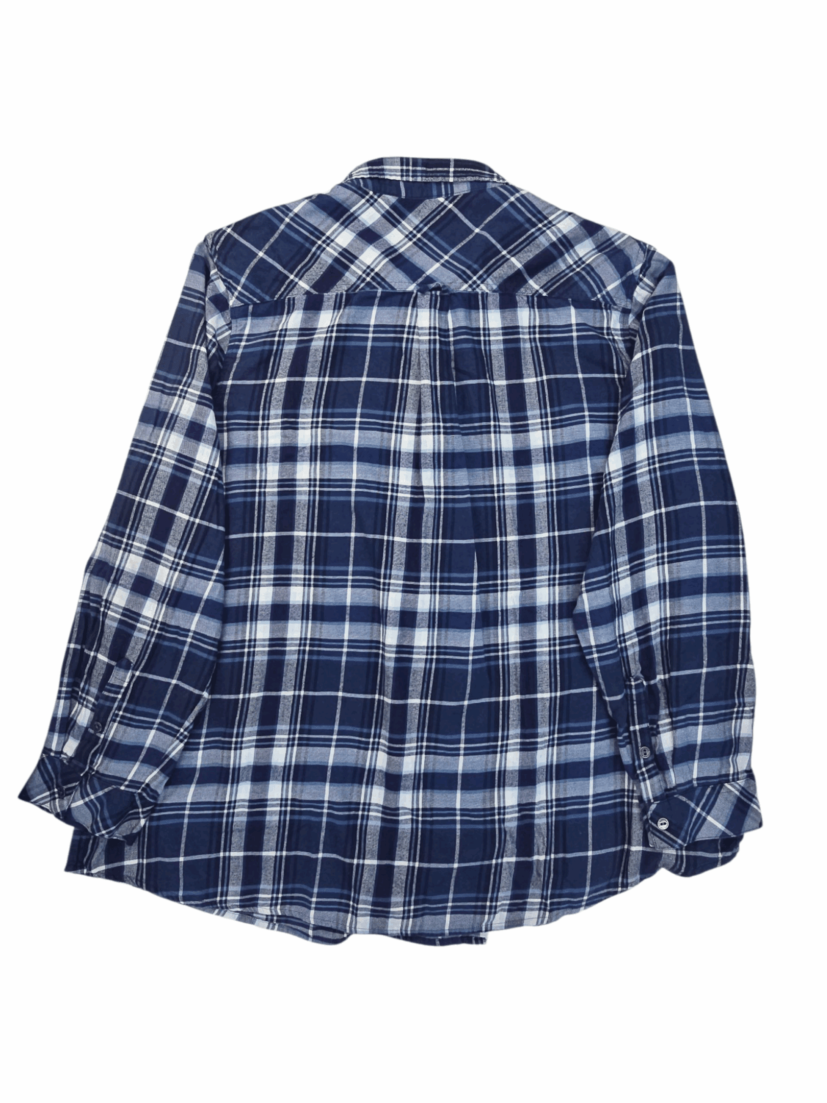 Back view of Sonoma blue and white plaid brushed cotton button-up shirt showing full plaid pattern and straight hem.
