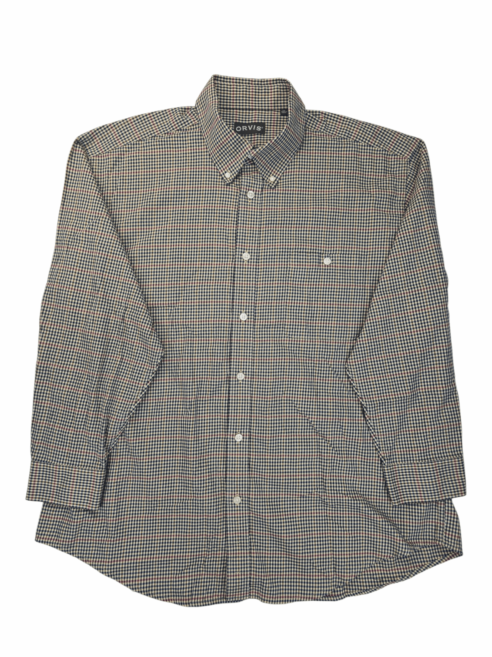 Front view of Orvis red and blue check long sleeve button-up shirt in men’s size 2X showing collar, button placket, and chest pocket.