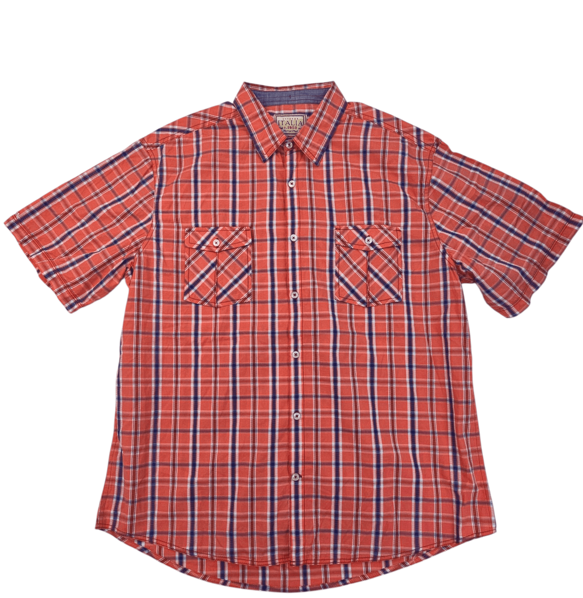 Red and blue plaid short-sleeve shirt with front pockets.