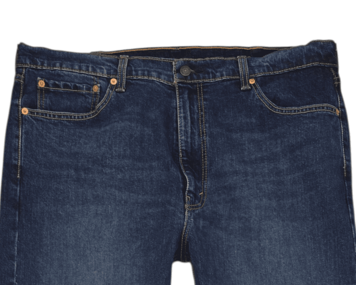 Close-up of Levi’s 505 waistband and button on men’s 40x32 classic fit stretch jeans
