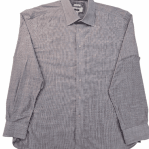 A long-sleeved, button-up gray dress shirt.