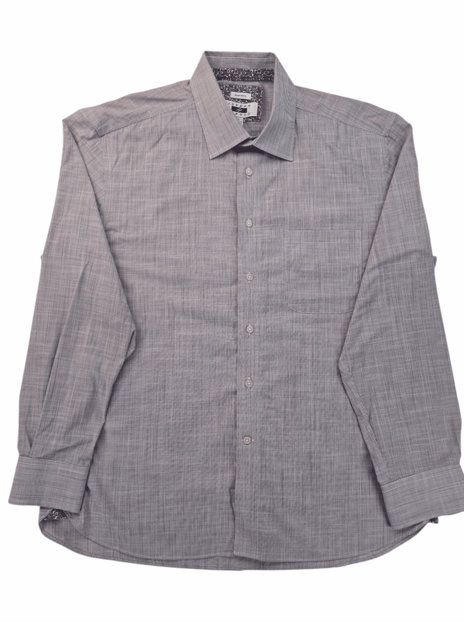 A long-sleeved, button-up gray dress shirt.