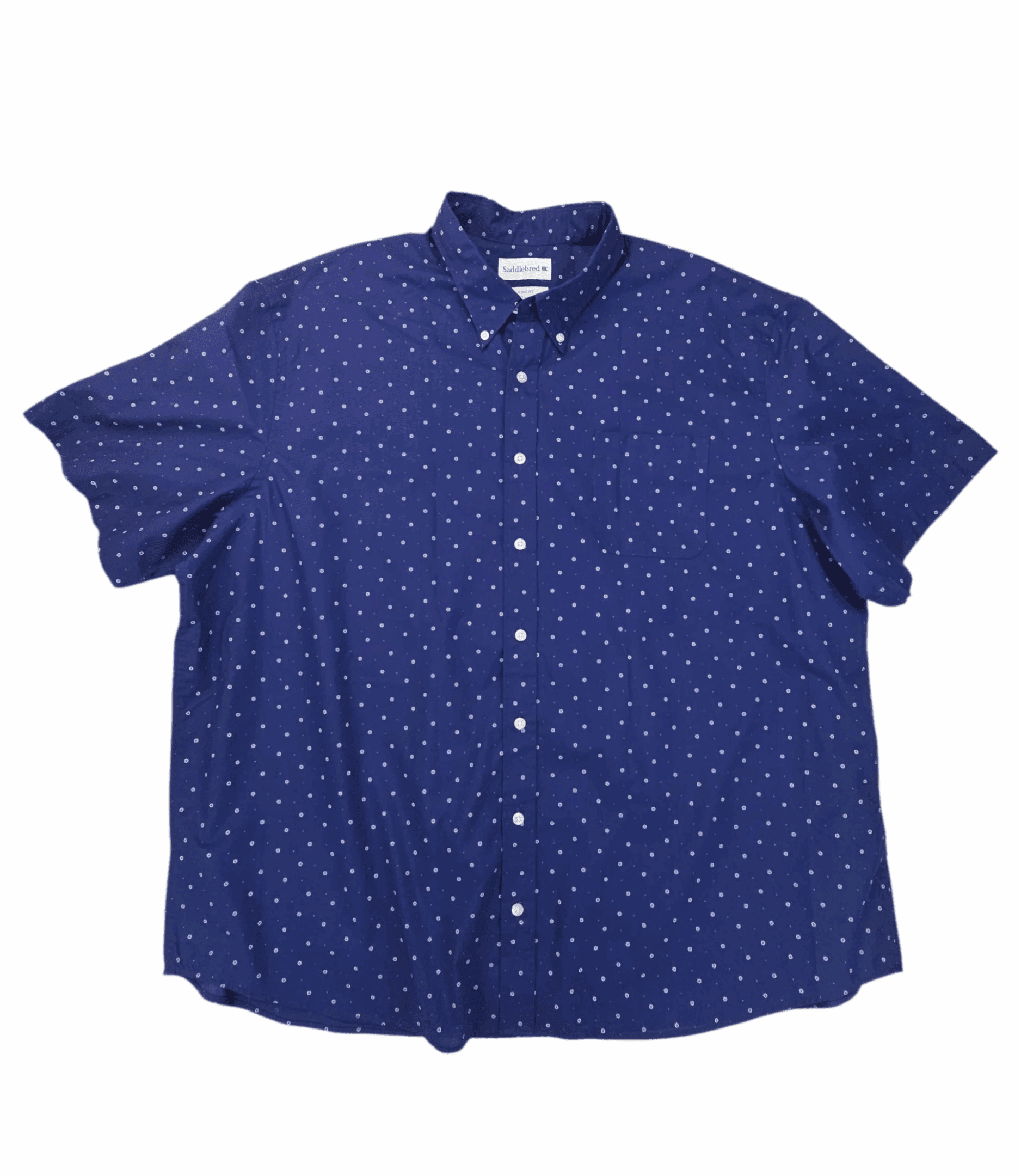 Front view of Saddlebred blue classic fit short sleeve button-up shirt in men’s size 3X showing collar, chest pocket, and button placket.