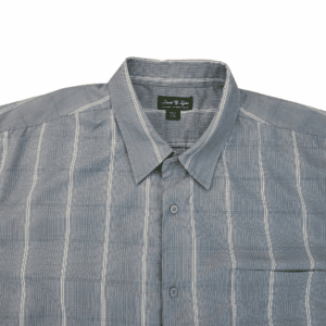 Close-up of David Taylor Luxury Microfiber blue and white checked button-up shirt showing collar, buttons, and fabric texture.