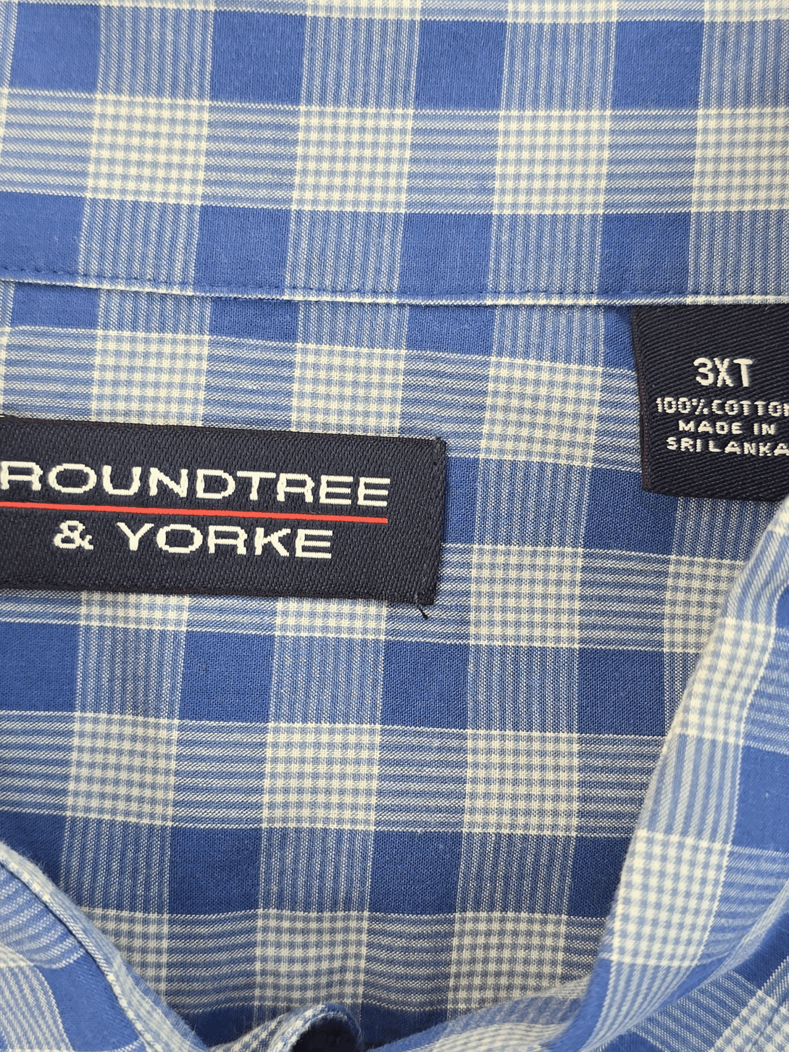 Fabric content tag from Roundtree & Yorke blue checked long sleeve shirt men’s big & tall size 3XT
