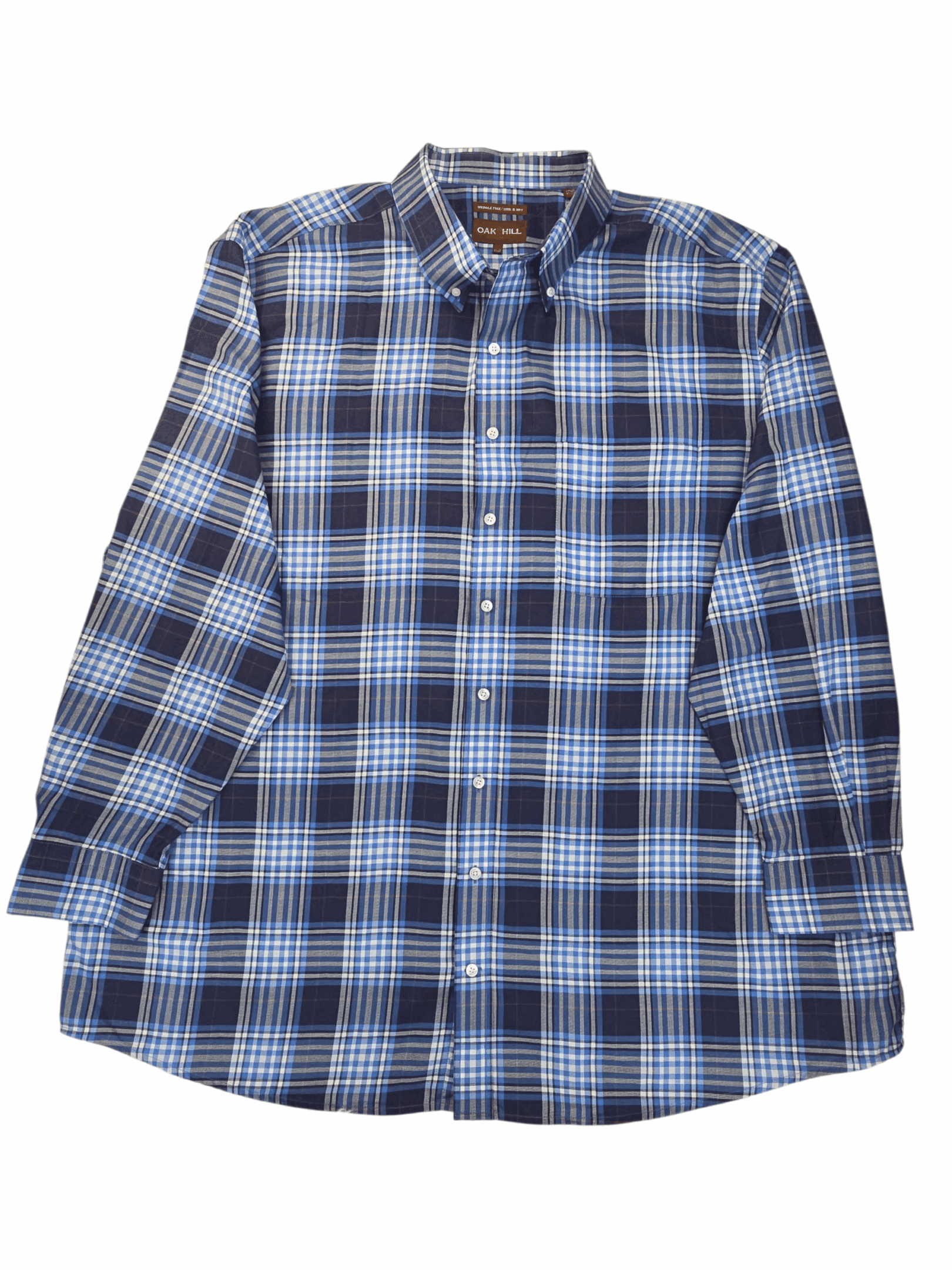 Front view of Oak Hill blue and white plaid wrinkle-free button-up shirt in men’s size 3XLT showing collar, button placket, and chest pocket.