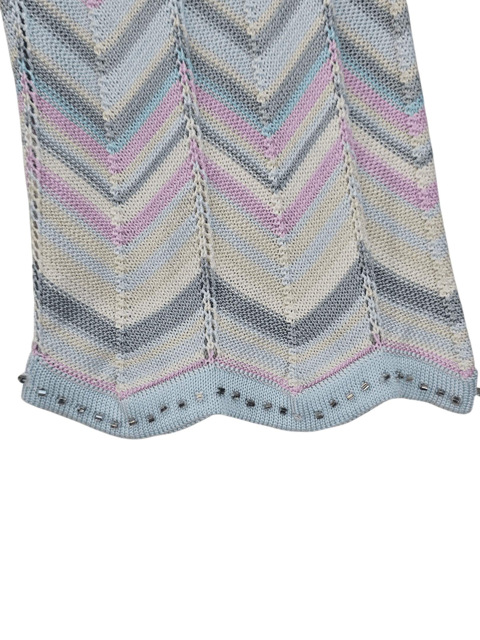 Close-up of a knitted fabric with pastel chevron patterns and bead embellishments.