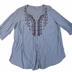 Blue striped blouse with decorative embroidery and three-quarter sleeves.