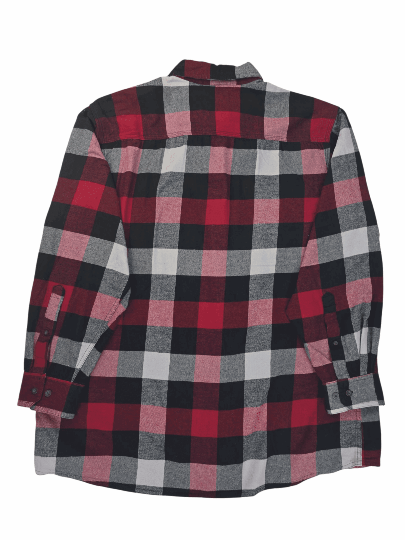 Back view of Red Head red, black, and gray plaid flannel button-up shirt showing yoke and full plaid pattern.